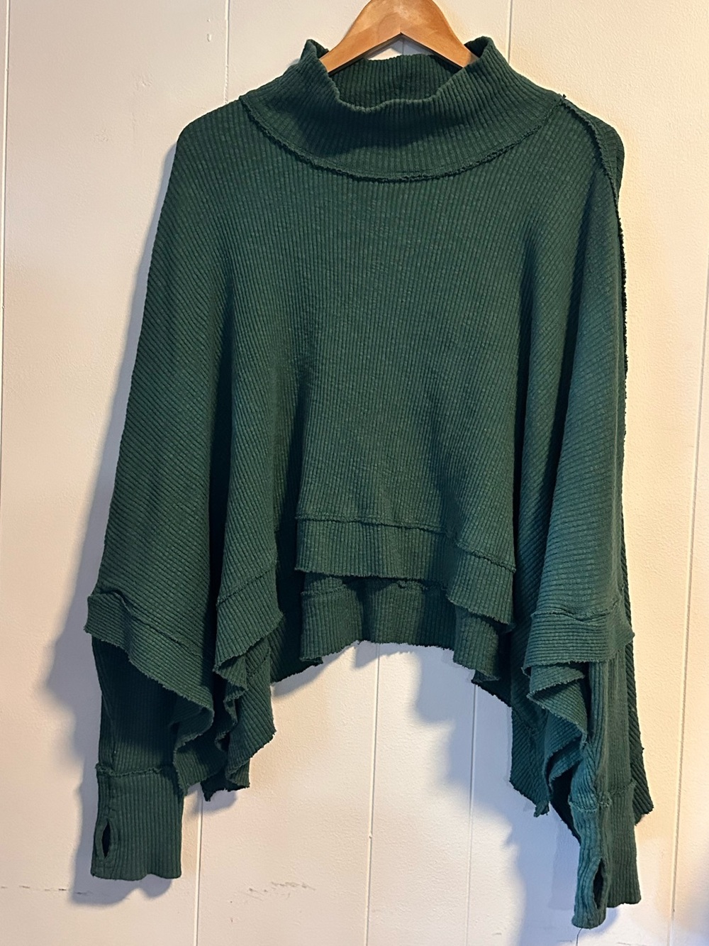 Free People We The Free Deep Green Ribbed Mock Neck Cropped Oversized Tunic Top